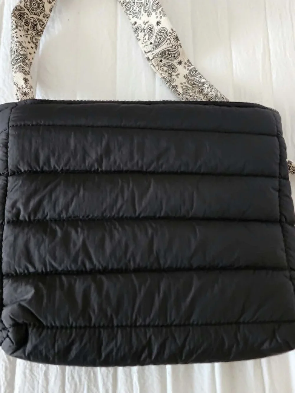 Niche Street Quilted Puffer Crossbody Bag Black Paisley Print